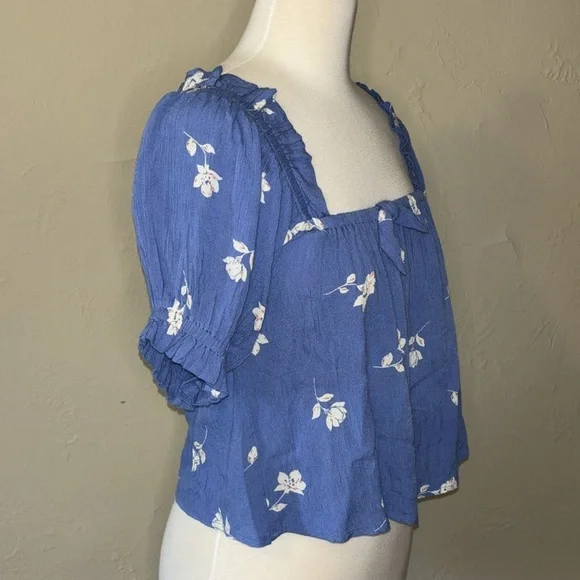 BILLABONG off the shoulder blue floral babydoll top cuffed sleeve in women’s S - Picture 7 of 10